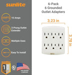 Sunlite 40854 6 Grounded Outlet Adapter, Wall Mountable, 3 Prong Outlet Extender Power Strip, Home and Office, UL Listed, Ivory 6 Pack