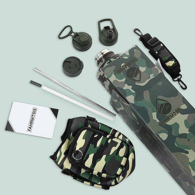 64 Oz Insulated Water Bottle with Strap Stainless Steel Sports Water Bottle with 3 Lids (Straw, Chug and Flip Lid) Leak Proof Metal Half Gallon Jug for Men & Women - Camo