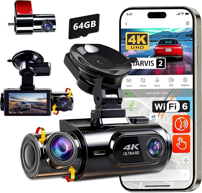 4K 3 Channel Dash Cam Front and Rear Inside, Built-in 5.8GHz WiFi GPS, 64GB Card Included, 4K+1440P+1400P Dash Camera for Cars, 3.0'' IPS Screen Dashcam with G-Sensor, 24H Parking Monitor,ADAS BSD