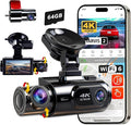 4K 3 Channel Dash Cam Front and Rear Inside, Built-in 5.8GHz WiFi GPS, 64GB Card Included, 4K+1440P+1400P Dash Camera for Cars, 3.0'' IPS Screen Dashcam with G-Sensor, 24H Parking Monitor,ADAS BSD