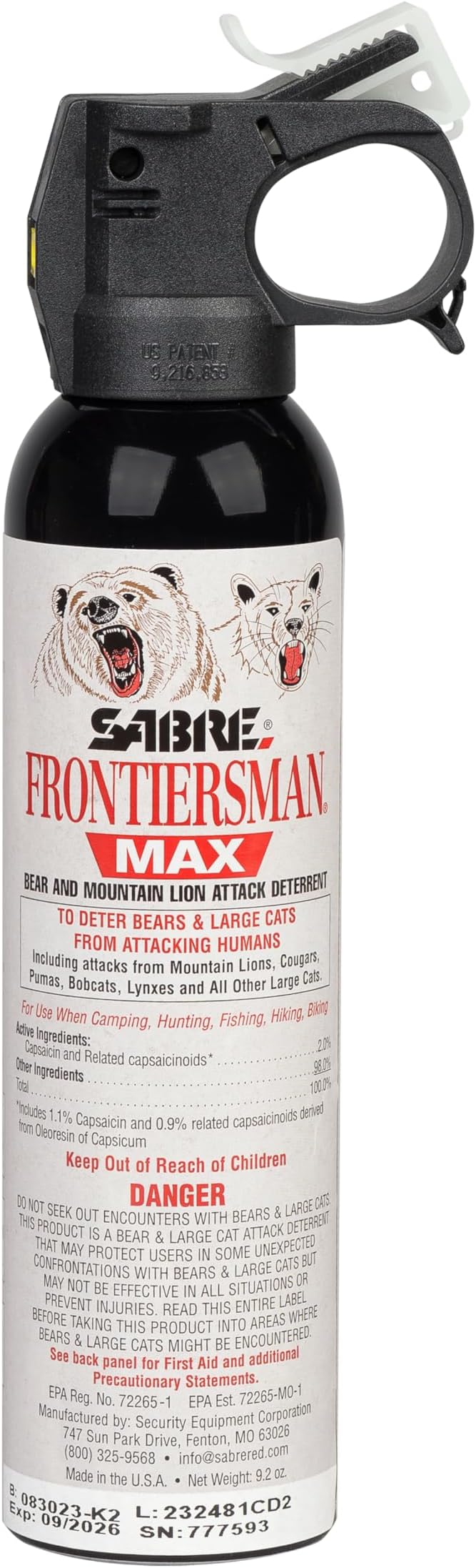 SABRE Frontiersman MAX Bear Spray – 40 ft Range, Maximum Strength, The Only EPA-Registered Spray for Bears & Mountain Lions, 9.2 oz, Glow Safety Clip, Outdoor Hiking & Camping Protection