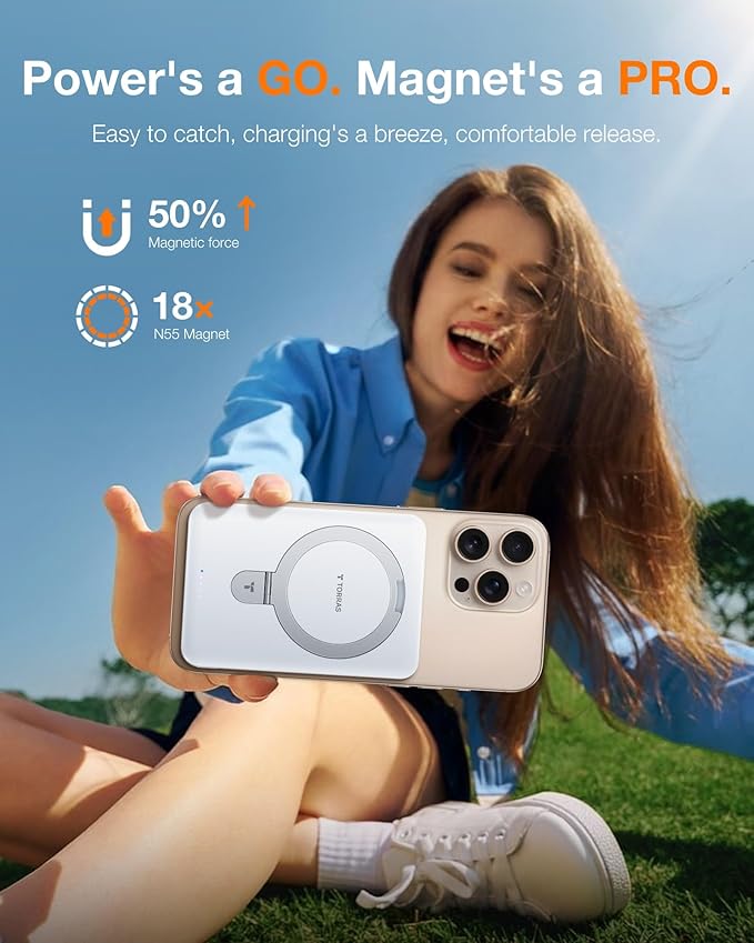 TORRAS EasyGo 10000mAh Magnetic Portable Charger Power Bank for iPhone, Fast Charging Travel Essential Wireless Battery Pack with Stand Compatible with Magsafe, 17 Pro Max,Pro,16,15,14,13,12, Whilte