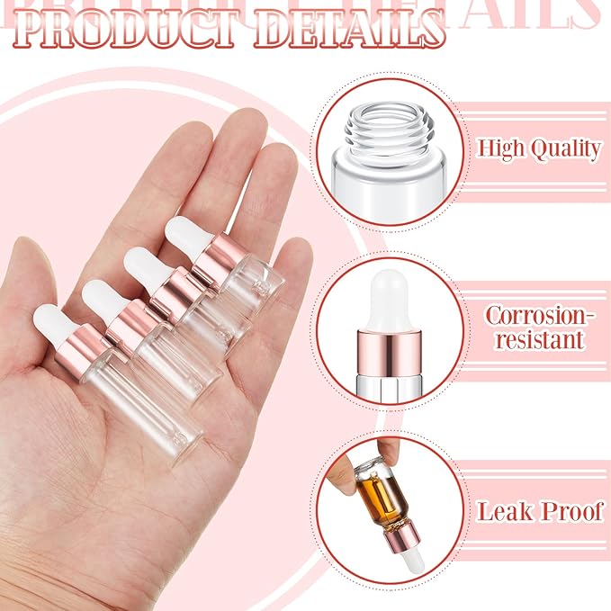 20 Pcs Mini Glass Oil Dropper Bottle Bulk, Clear Essential Small Empty Bottles Sample Containers Perfume Liquid Vials with Cap for Traveling (1ml,2ml,3ml,5ml,Rose Gold)