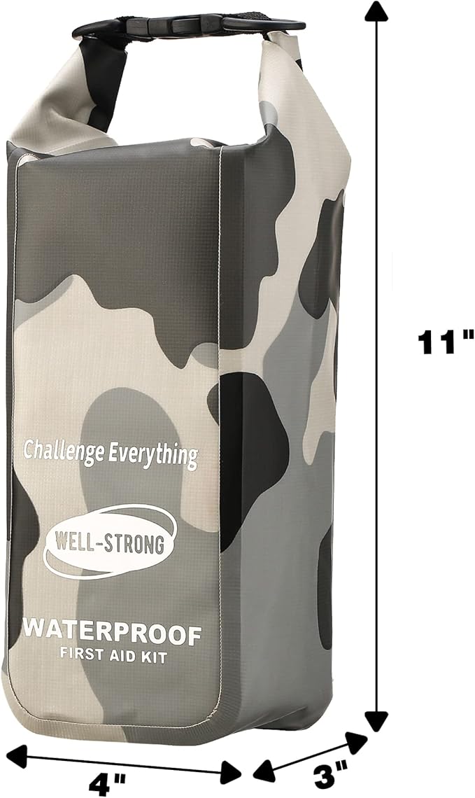 Waterproof First Aid Kit Roll Top Boat Emergency Kit with Waterproof Contents for Fishing Kayaking Boating Swimming Camping Rafting Beach Camouflage Grey