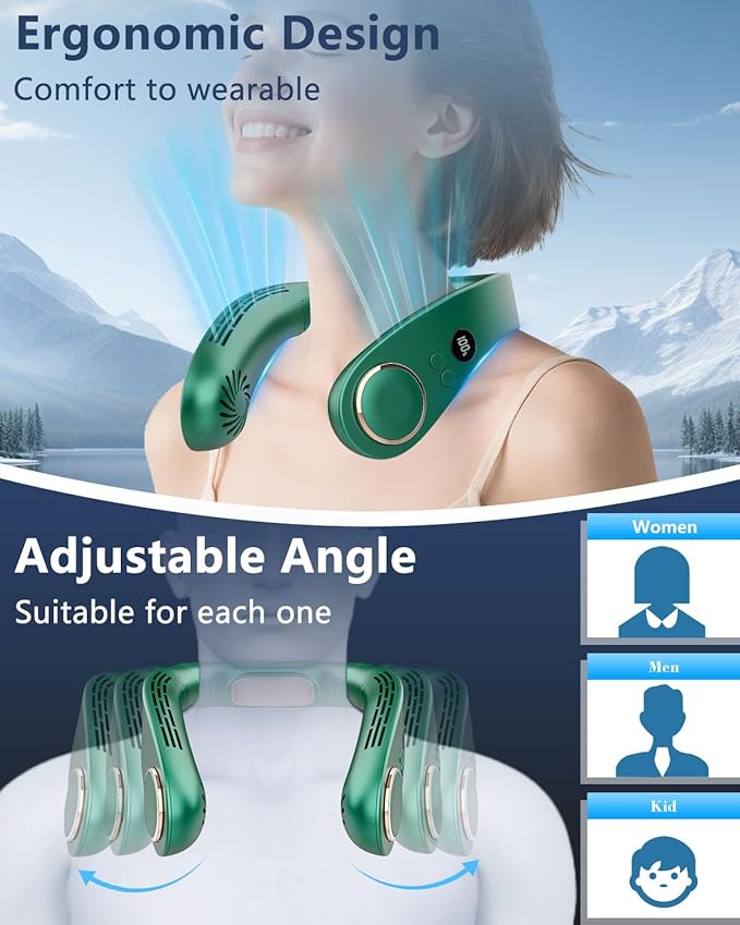 Portable Neck Fan Rechargeable,Neck Air Conditioning Wearable Cooling Device,Wear AC Air Conditioner Flexible Adjustable Angle,5 Speeds No Blade Headphone Design Breezy Hands Free Head Cooler Green