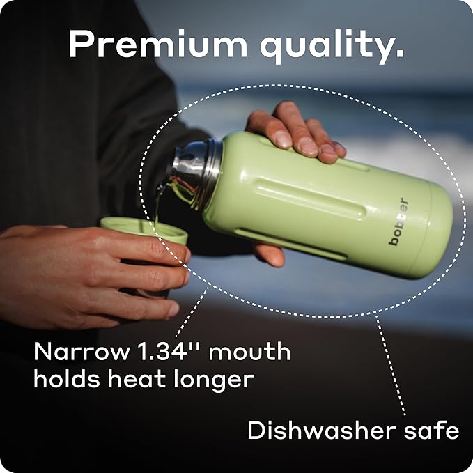BOBBER 34 oz / 1 Liter Stainless Steel Travel Thermos for Hot and Cold Drinks – Dishwasher Safe Metal Water Bottle with Cup Lid – Keeps Hot for 48 Hours – BPA-Free, Vacuum Insulated (Mint Cooler)