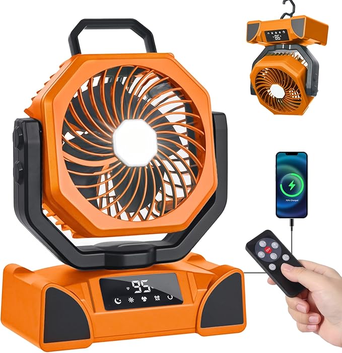 20000mAh Portable Camping Fan, Rechargeable Battery Powered Fan with Remote Control & Oscillating, LED Display, Light, Timer, Rotation, Hanging Hook for Outdoor Camp, Beach, Travel Tent