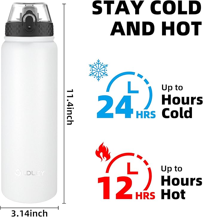 OLDLEY Insulated Water Bottle 32oz Water Bottles with Straw, Stainless Steel Water Bottle with 3 Lids, Double Wall Vacuum Bottles for Adult Kids, Sports Bottles for School Travel,White