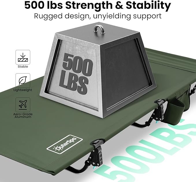 Portable Camping Cot, Sleeping Cots for Adults, Ultralight Backpacking Cot, Compact, Collapsible, Easy Set-Up, Supports 500lbs, Portable Camp Cot for Adults, Camping, Outdoors and Home, Green