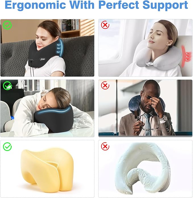 Neck Pillow Airplane, 2025 Upgraded Memory Foam Travel Pillow for International Flights, Adjustable Clasp, Storage Bag, Advanced Neck Support for Road Trips, Home, Office, and Gaming