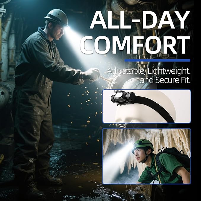 Headlamp Rechargeable 3200mAh Hard Hat Light,1000LM Forehead LED Flashlight Lightweight, Heavy-Duty, IPX4 Waterproof for Camping, Running, Work, Hiking, Fishing