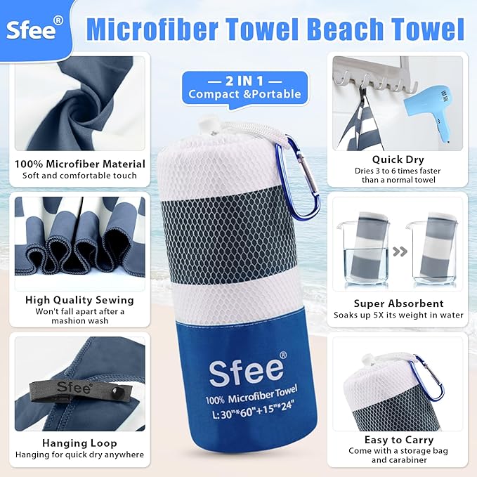 Sfee 2 in 1 Microfiber Oversized Beach Towel, Quick Dry Towel Travel Towel Camping Towel Super Absorbent Compact Lightweight Sports Gym Towels for Beach,Gym, Hiking, Pool, Backpacking, Bath, Yoga