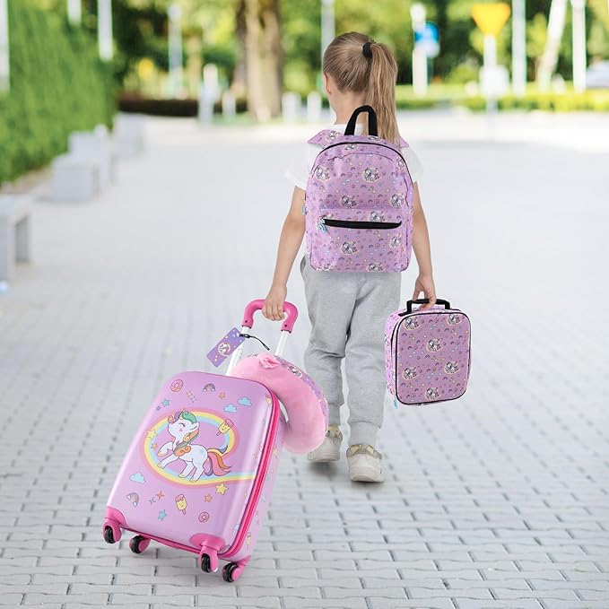 BABY JOY Kids Luggage, 5 Pieces Luggage Set w/ 16" Carry-on Hardshell Spinner Toddler Suitcase, 13" Backpack, Neck Pillow & Insulated Lunch Bag, Travel Kids Rolling Suitcase for Girls (Pink Pony)