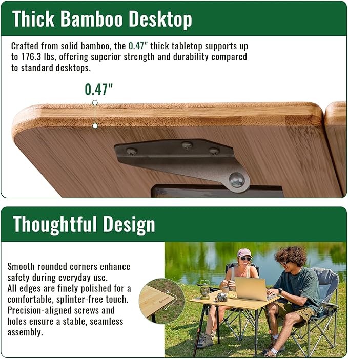 KingCamp Bamboo Folding Table, 4-Fold Camping Adjustable Height Portable Outdoor Lightweight & Compact Table with Aluminum Frame for RV Picnic BBQ Tailgating