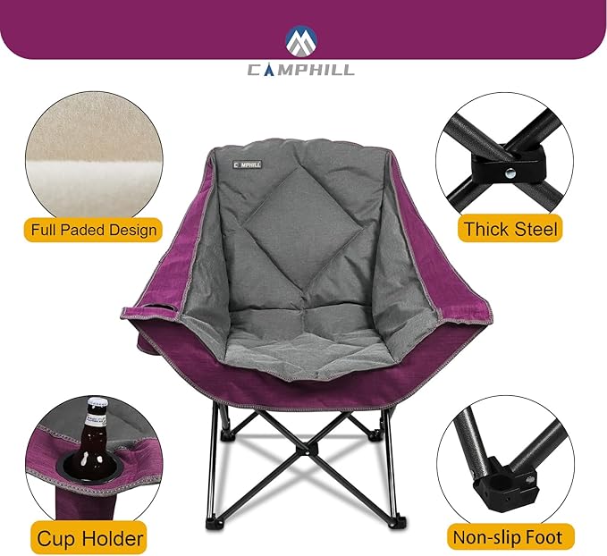 Folding Camping Chair,Oversized Portable Camping Chair with Cup Holder,Heavy Duty Padded Lawn Chair for Camping, Tailgates, Beach, and Sports