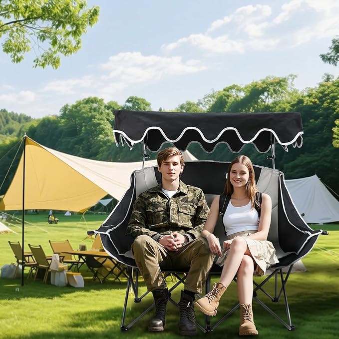 Double Camping Chair with Adjustable Shade Canopy Oversized Portable Folding Loveseat Couch, 2 Person Soft Padded Couch Back Storage Bag Cup Holder for Outdoor Lawn Backyard