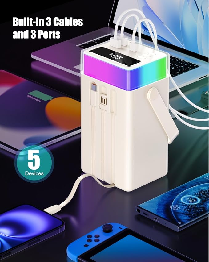 Power Bank 90000mAh Battery Pack High Capacity 35W PD Fast Charging, 6 Ports & Built-in Cables, RGB Mood Light(12 Modes) &LED Camping Flashlight for Indoor/Outdoor Camping Home Travel Emergency-white