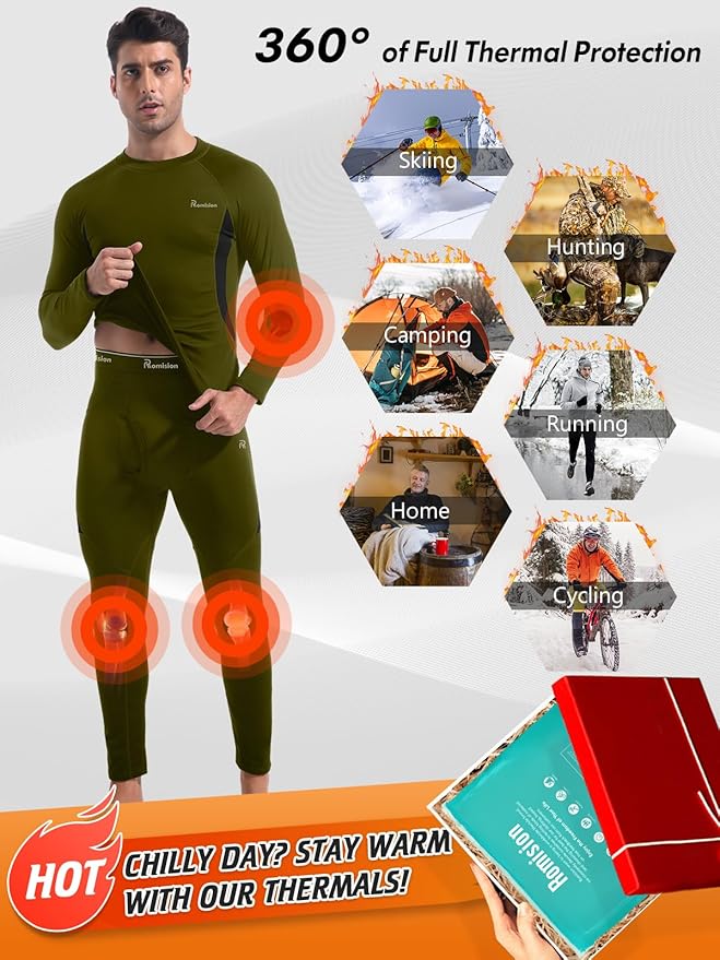 romision Thermal Underwear for Men Long Johns Fleece Lined Hunting Gear Bottom Top Set Base Layer for Cold Weather Gift