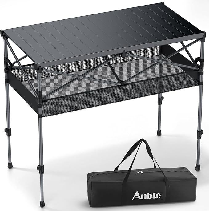 Camping Table Foldable, 2 Adjustable Height 34.2”, Large Roll Up Camping Table Support 264lbs with Storage Basket and Bag, Aluminum Outdoor Table, for Picnic Travel BBQ, 39.4” x 19.7”, Black