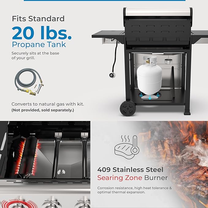 Kenmore BBQ Propane Gas Grill - 5 Burners with Side Burner & Searing Zone, 644 Sq. In. Stainless Steel Grill, 66,000 BTU, Ideal for Outdoor Cooking, Patio & Backyard, Silver