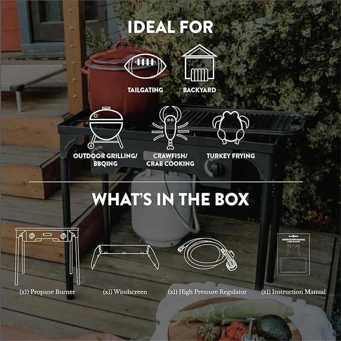 Gas One Propane Double Burner Two Burner Camp Stove with Windscreen Outdoor High Pressure Propane 2 Burner Adjustable PSI Regulator and 4ft Steel Braided Hose With Removable Legs