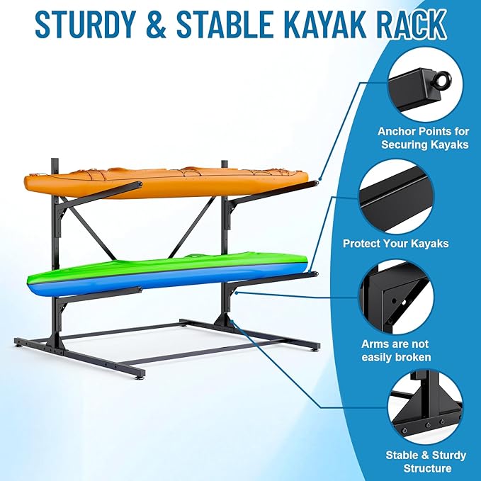 Kayak Storage Rack, Heavy Duty Freestanding Kayak Rack for Garage and Outdoor Storage, Kayak Stand Adjustable for Kayak, Canoe, Surfboard and Paddle Board