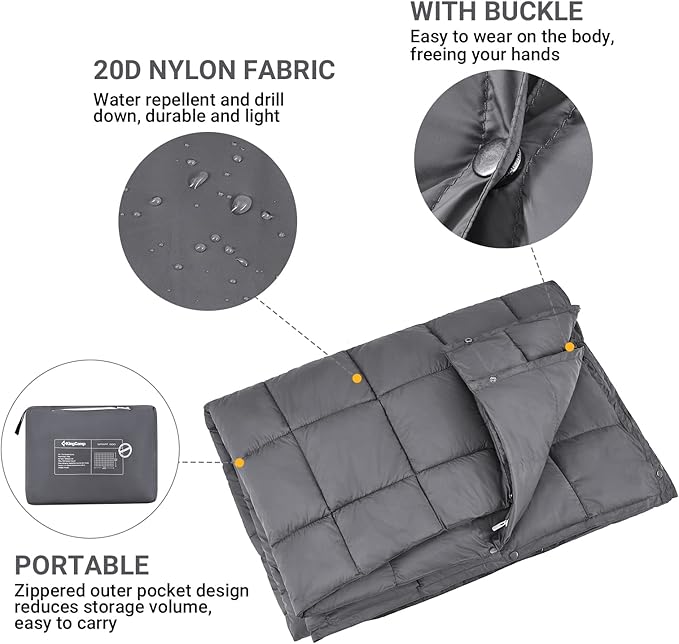 KingCamp Ultralight Camping Blanket, Packable Down Alternative Puffy Wearable Blankets Weatherproof Warm Package Quilt with Snap Buttons for Outdoor Hiking Travel Picnic Stadium (69" x 53", CHARCOAL)