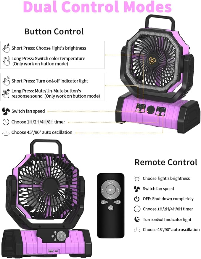 ADUST Camping Battery Operated Powered Fan with LED Lantern Light Portable 20000mAh Rechargeable Oscillating Fan with 360° Rotation Hanging Hook for Tents, Cordless USB Desk Fan(Pink)