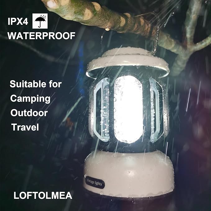 Camping Lantern Rechargeable, 360° Brightness Dimmable Retro Camping Light, Hanging Vintage Camping Lamp Outdoor Tent Light for Power Outage, Hurricane, Emergency, 3A Battery Included, White