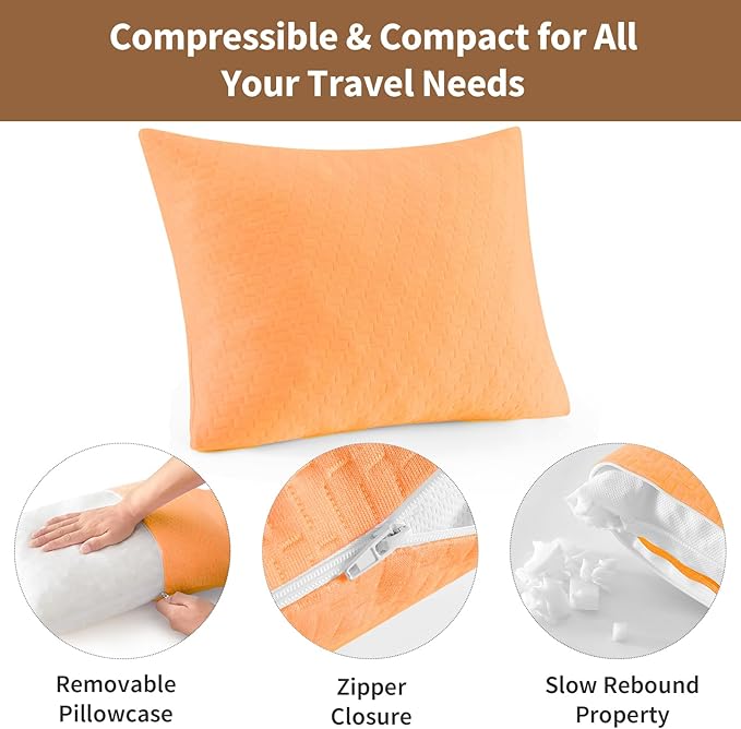 Small Shredded Memory Foam Pillow, Camping Pillow Travel Pillow - Compressible Medium Firm, Breathable Cover, Ideal Backpacking Hiking, Airplane and Car (Apricot Yellow, S)