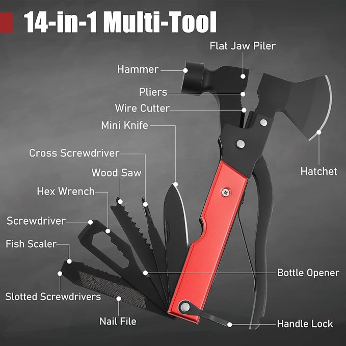 14-In-1 Multitool Camping Hammer - Survival Gear with Axe, Knife, Screwdriver, Pleirs, Saw, Bottle Opener and More -Portable Outdoor Tool Gift with Nylon Sheath for Men & Dad
