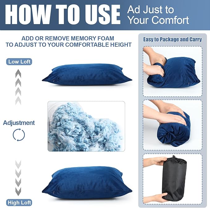 2 Pack Camping Pillow for Sleeping Shredded Memory Foam Travel Pillow with Storage Bag, Compressible Portable Pillow for Outdoor Camp Backpacking Hiking Essential Gear (Blue, Small)