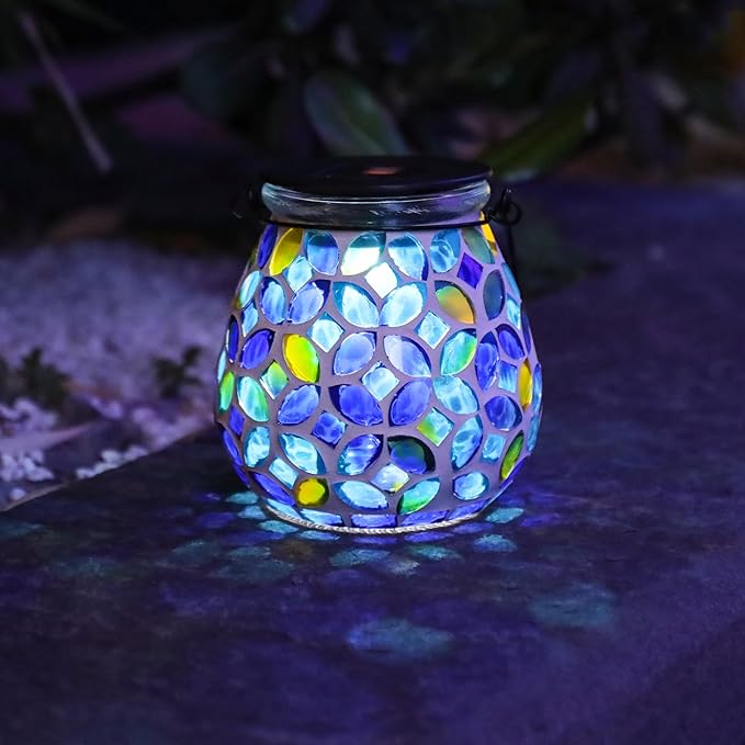 Afirst Mosaic Solar Lanterns Outdoor - Glass Hanging Solar Lights Hollow Out Waterproof Table Lamp Outdoor Decorative for Garden, Patio, Holiday Party Outdoor Decoration