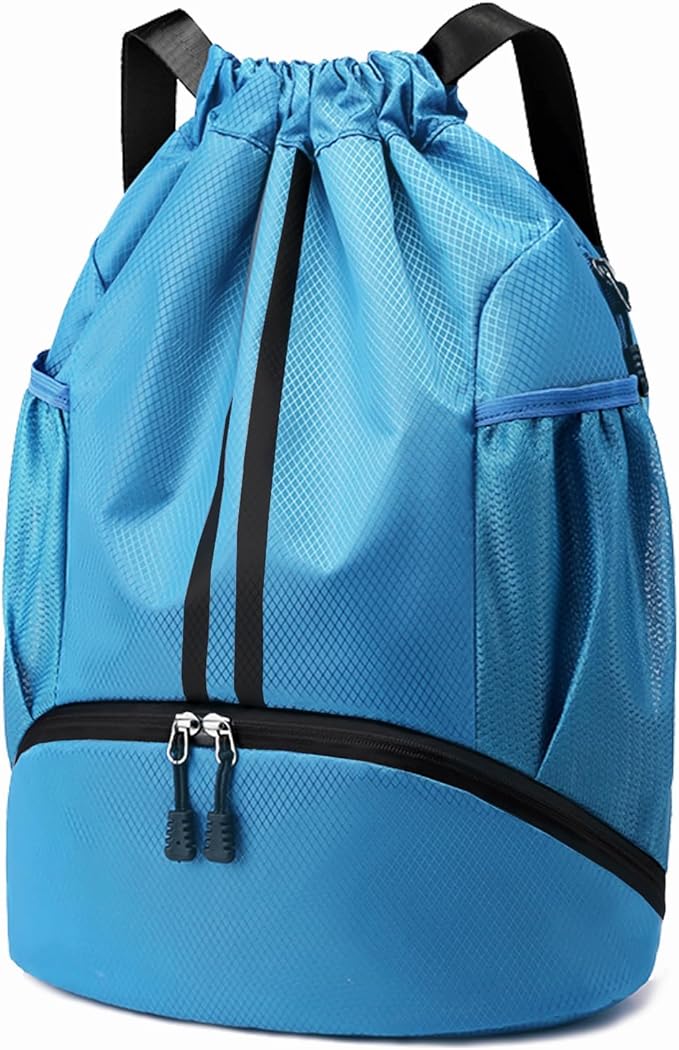 Hoedia Sports Drawstring Backpack - String Swim Gym Bag with Shoes Compartment and Wet Proof Pocket for Women/Men (Sky Blue)