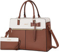 MOSISO Laptop Tote Bag for Women, 15.6 inch Waterproof PU Leather Work Bag with Clutch Purse & Bowknot, Large Capacity Handbag Shoulder Computer Bags Work Briefcase for Business Teacher Office, Brown