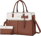 MOSISO Laptop Tote Bag for Women, 15.6 inch Waterproof PU Leather Work Bag with Clutch Purse & Bowknot, Large Capacity Handbag Shoulder Computer Bags Work Briefcase for Business Teacher Office, Brown