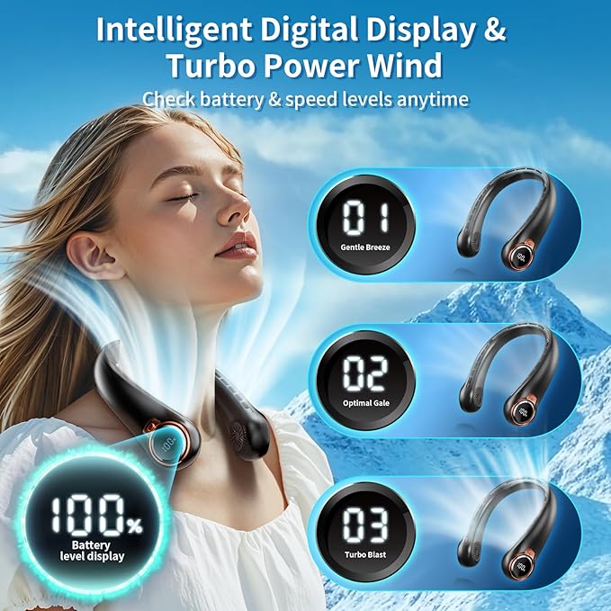 Portable Neck Fan with 6000mAh USB - Rechargeable Battery, Ultra-Light Bladeless Neck Fan LED Display, 360° Cooling Wearable Fan, 3 Speeds (black)