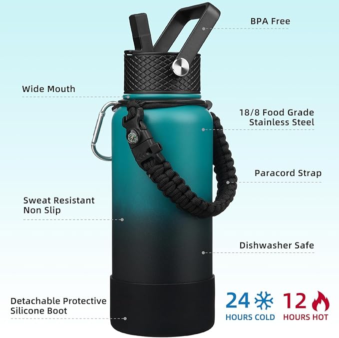 BJPKPK 32oz Insulated Water Bottles with 3 Lids, Paracord Handle & Non-slip Boot, Stainless Steel Metal Water Bottle,Reusable BPA Free Thermo, Tumblers, Army Green & Black