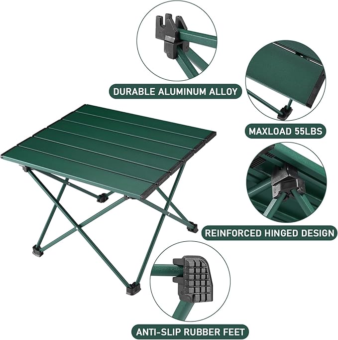 Tesouro Portable Camping Table,Folding Side Table Aluminum Top for Outdoor Cooking, Hiking, Travel, Picnic (Blackish Green-Large)