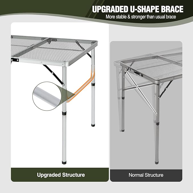 REDCAMP 48x24 Long Folding Grill Table for Outside, Lightweight Portable Metal Aluminum Outdoor Grill Table with Adjustable Height Legs, Great for Camping Picnic Cooking BBQ, Silver 4ft