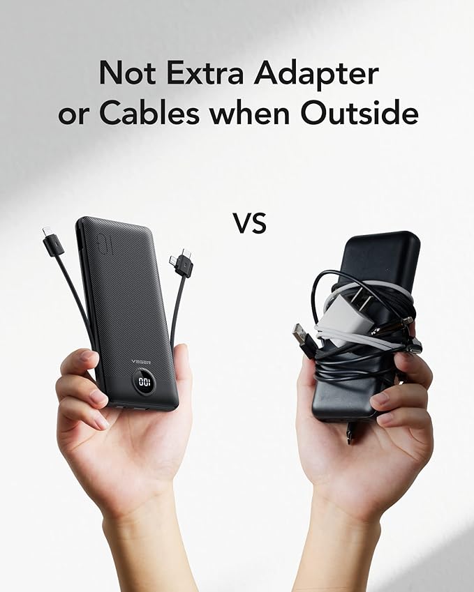 VEGER Portable Charger for iPhone Built in Cables and Wall Plug, 10000mah Slim Fast Charging USB C Power Bank, Travel Essential Battery Pack Compatible with iPhones, iPad, Samsung More Devices(Black)