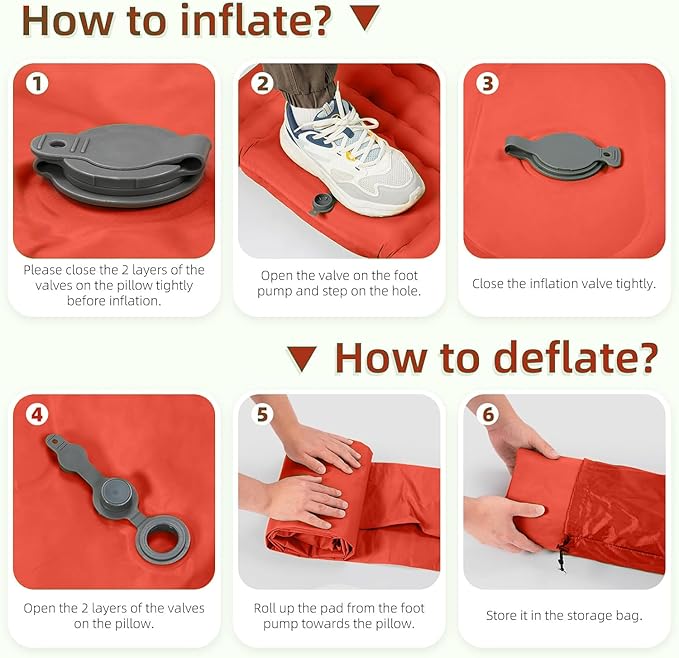 Double Sleeping Pad Camping, Self Inflating 6'' Extra-Thick 2 Person Pillow Built-in Foot Pump Waterproof Inflatable Sleeping Mat Backpacking, Tent, Hiking, Portable Camping Pad