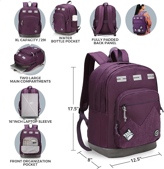 Swissdigital Design Big Student Laptop Backpack with Fun Personalized Patches For College Boy & Girl, Middle High School Teen Bookbag Cool Travel Daypack Purple - Includes 3 Patches | SD1718-51