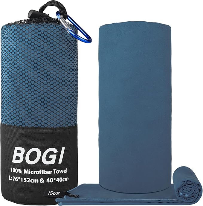 BOGI Microfiber Travel Sports Towel-Quick Dry, Soft Lightweight, Absorbent, Compact for Camping, Gym, Yoga, Swimming, Backpacking (L:60''x30''+16''x16''-Nblue)
