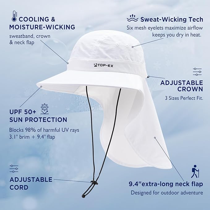 TOP-EX Cooling Sun Hat with Neck Flap – UPF 50+ Wide Brim Breathable Hat for Hiking, Fishing & Big Heads