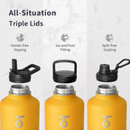 Trebo Insulated Water Bottle 64 oz, Half Gallon Metal Vacuum Water Jug with Paracord Handle and 3 Lids, Leakproof BPA-Free Water Flask for Gym Sports Hiking Travel, Keep Cold 48 Hours, Orange