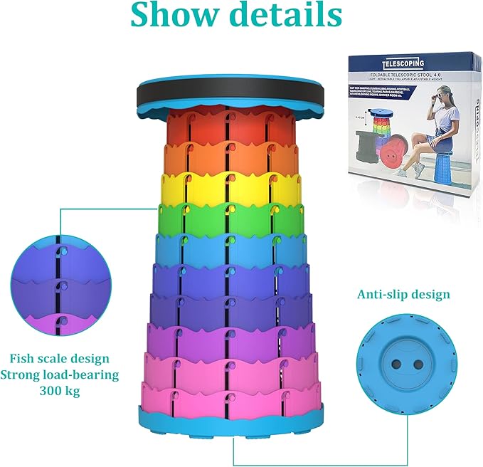 Portable Stool with Swivel Cushion Bag&Carabiner,Collapsible,More Sturdy and Lightweight Camping Telescoping Stool for Mountain Hiking BBQ,Max Load Capacity 440LBs