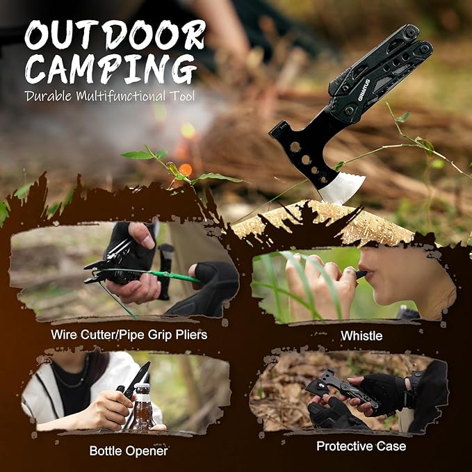 Camping Essentials 16 in 1 Multitool Camping Gear Gifts for Men Dad Multi Tool Survival Gear with Axe Hammer Pliers Saw Screwdrivers Bottle Opener Whistle with Sheath for Hiking Fishing