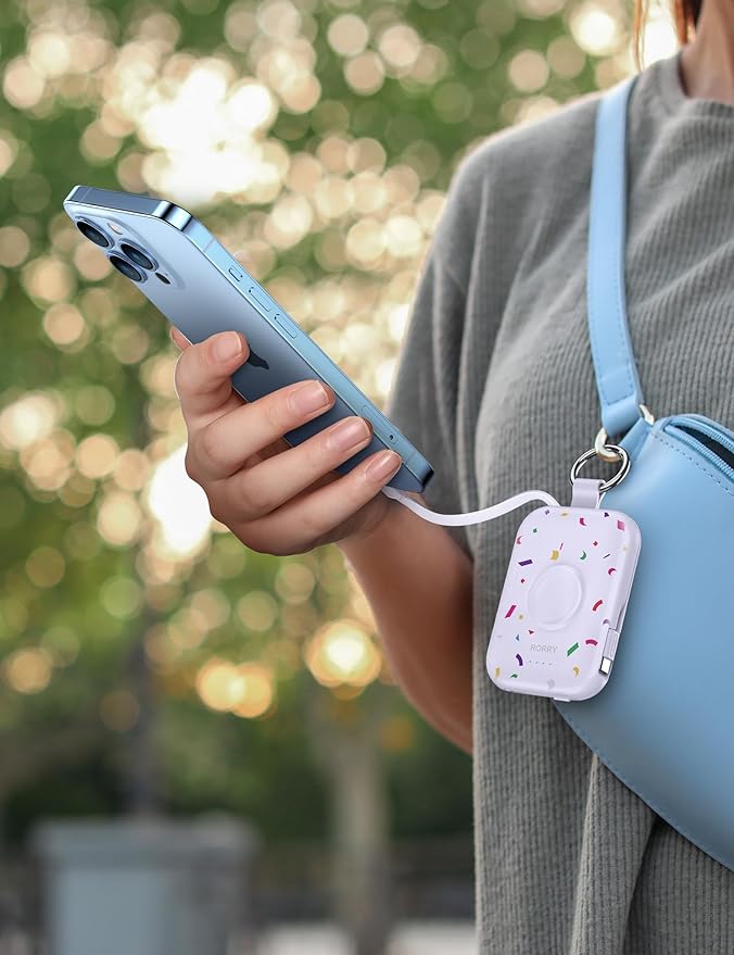 RORRY CharmGo Portable Charger, 5000mAh Portable Charger Power Bank with Built-in Cables, Travel Keychain Battery Pack for Apple Watch and iPhone Air/17/16/15/14/13/12, Confetti-Purple