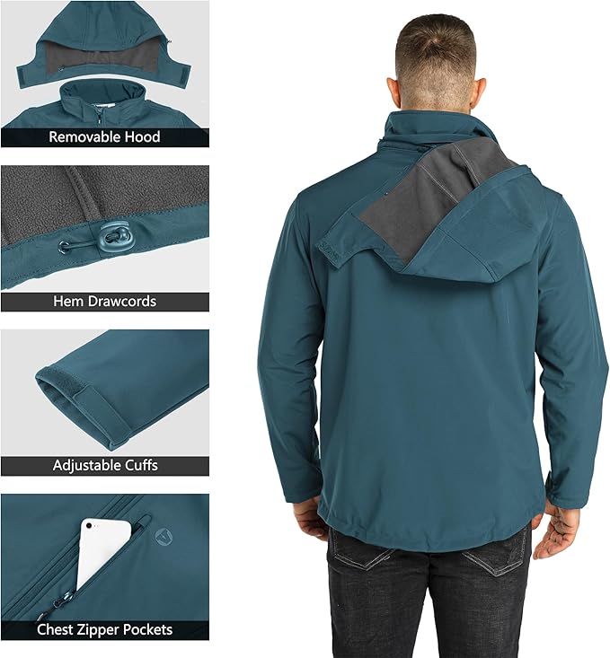 Outdoor Ventures Men's Lightweight Softshell Jacket Fleece Lined Hooded Water Resistant Winter Hiking Windbreaker Jackets